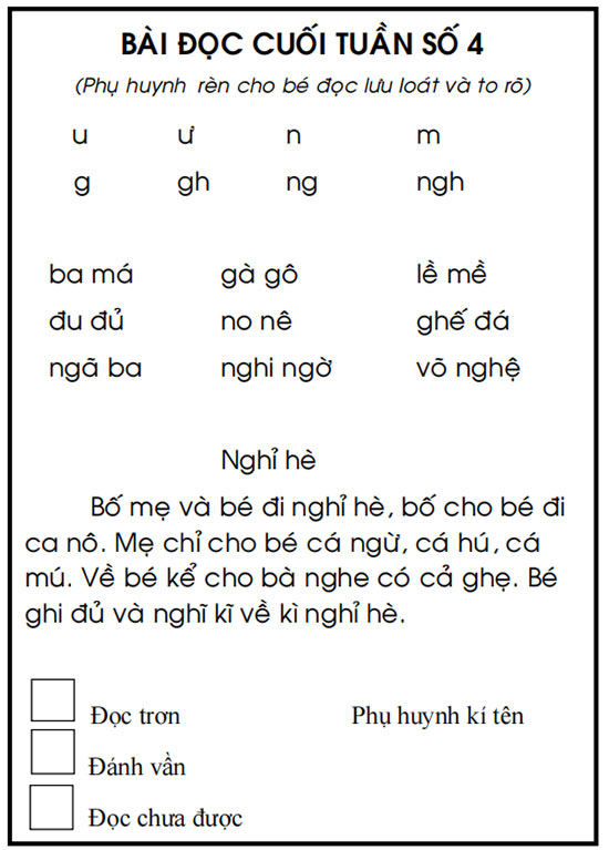 Bài đọc cuối tuần lớp 1