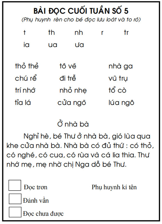 Bài đọc cuối tuần lớp 1