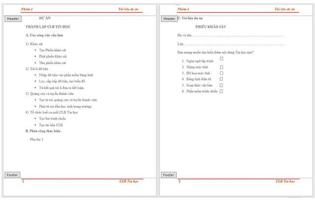 Tạo đầu trang, chân trang cho văn bản