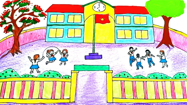 Bức tranh vẽ đề tài trường em dễ thương, đơn giản