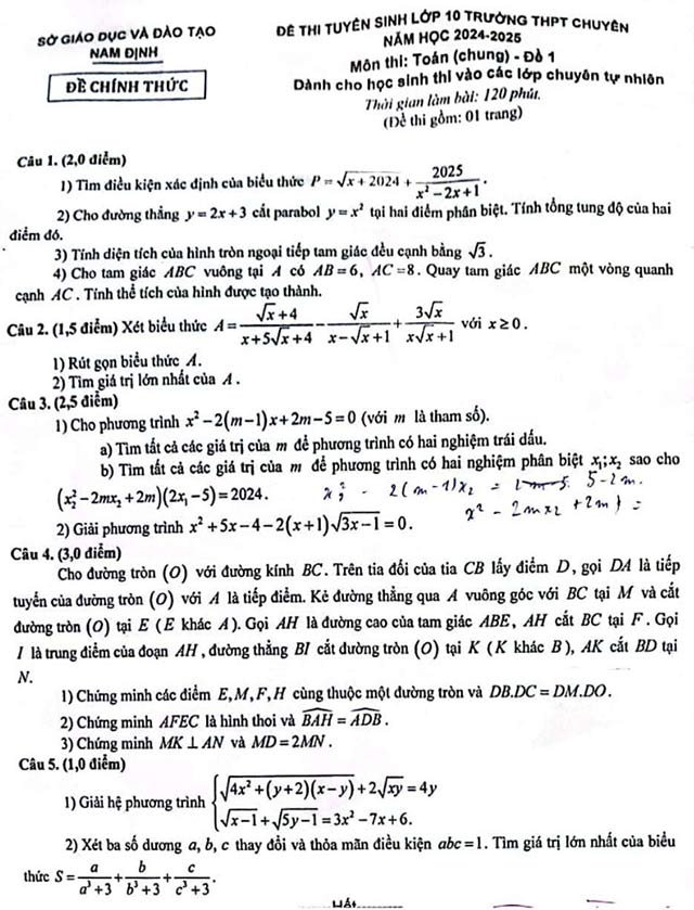 Đề thi vào 10 môn Toán Chuyên Lê Hồng Phong