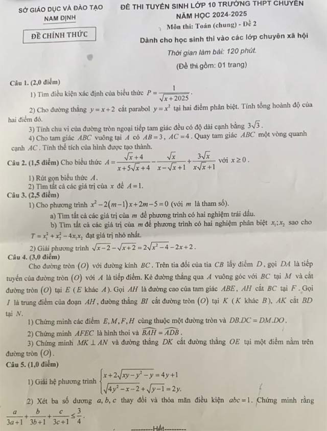 Đề thi vào 10 môn Toán Chuyên Lê Hồng Phong