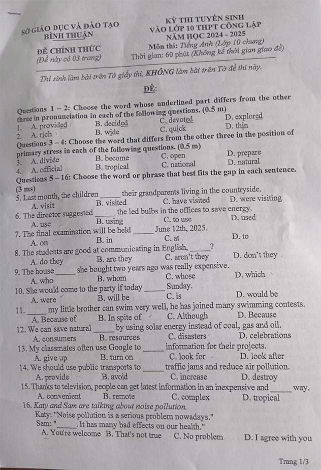 Đề thi vào lớp 10 môn Anh Bình Thuận năm 2024 - 2025