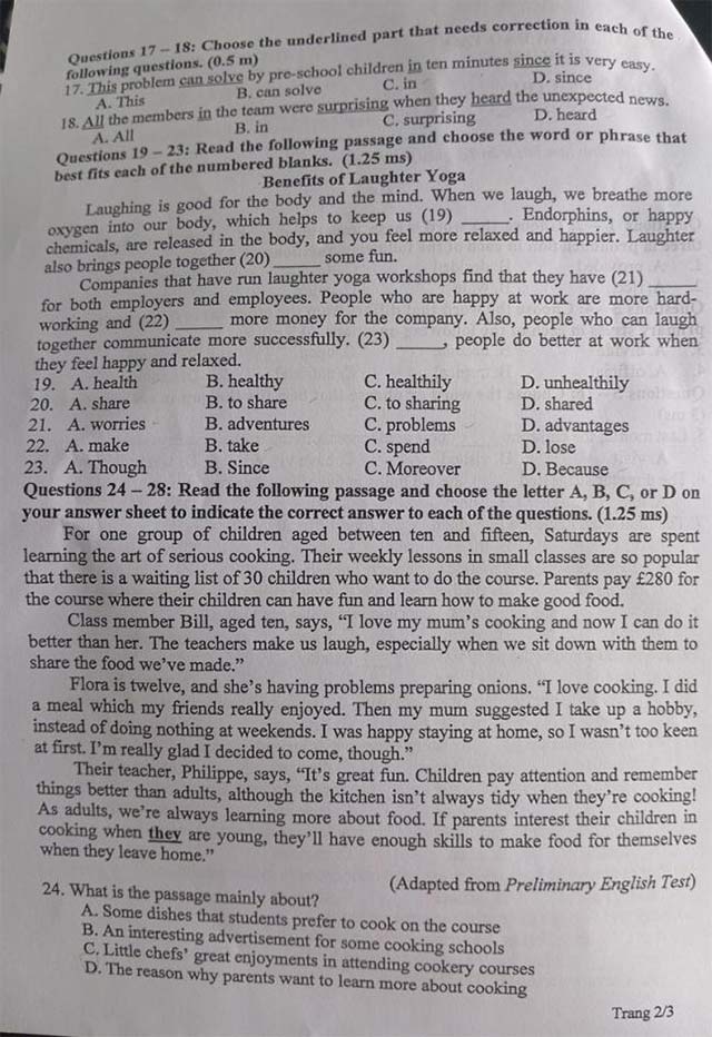 Đề thi vào lớp 10 môn Anh Bình Thuận năm 2024 - 2025