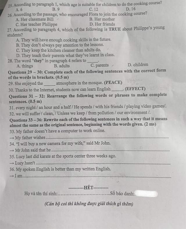Đề thi vào lớp 10 môn Anh Bình Thuận năm 2024 - 2025