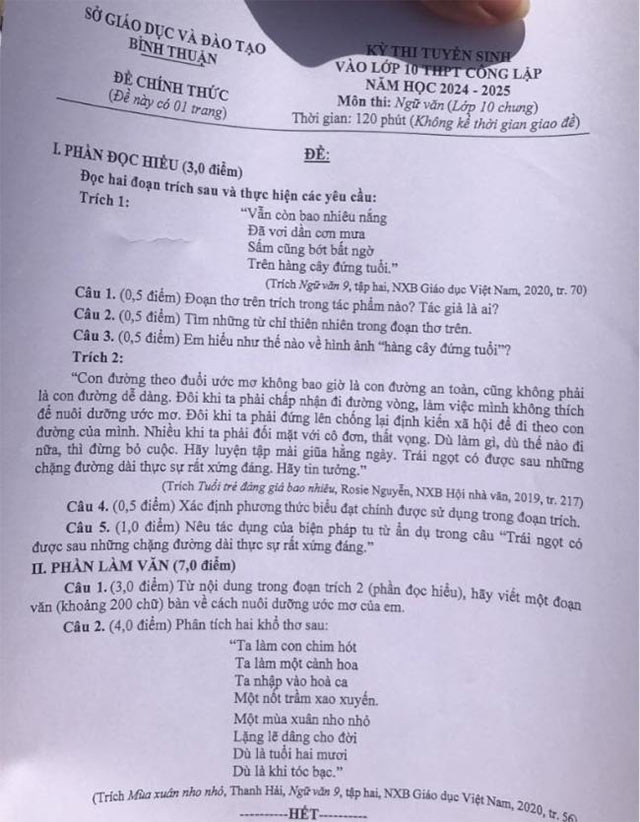 Đề thi vào 10 môn Văn Bình Thuận năm 2024 - 2025