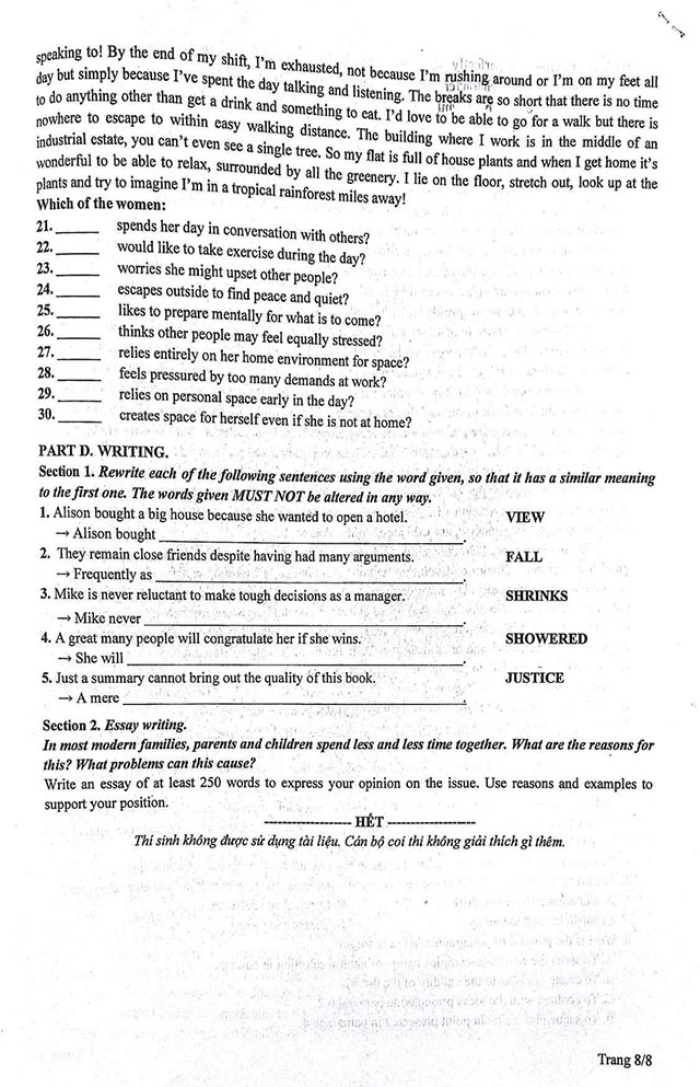 Đề thi vào 10 môn Tiếng Anh Chuyên Vĩnh Phúc năm 2024