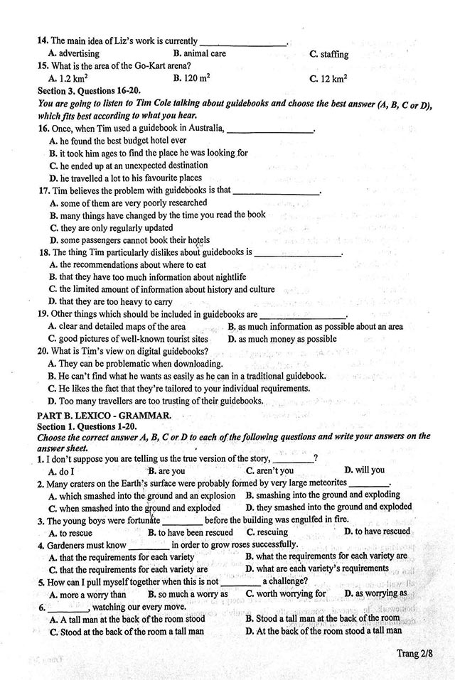 Đề thi vào 10 môn Tiếng Anh Chuyên Vĩnh Phúc năm 2024