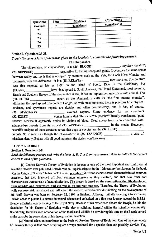 Đề thi vào 10 môn Tiếng Anh Chuyên Vĩnh Phúc năm 2024