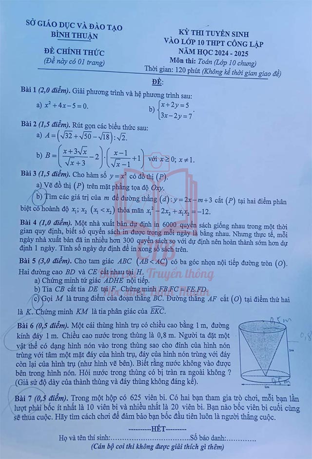 Đề thi vào 10 môn Toán tỉnh Bình Thuận 2024