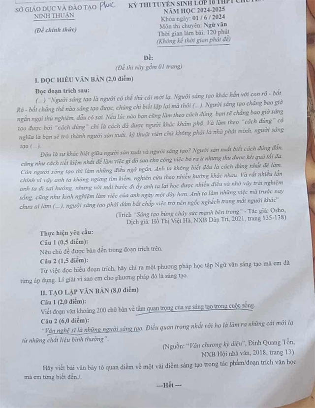 Đề thi vào lớp 10 môn Văn THPT Chuyên Ninh Thuận 