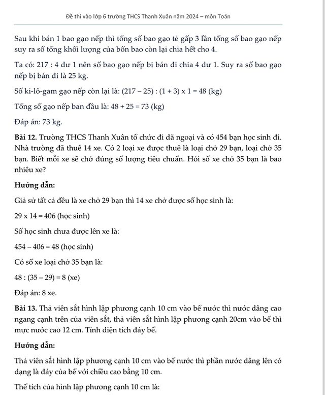 Các bài Toán trong đề thi vào lớp 6 trường THCS Thanh Xuân