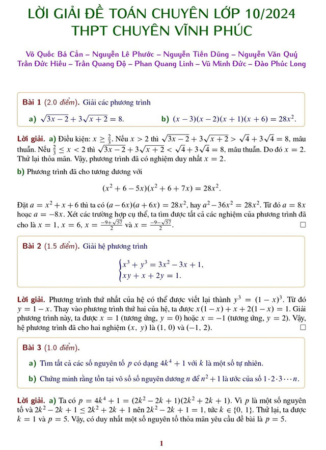Đáp án đề thi vào 10 môn Toán Chuyên Vĩnh Phúc năm 2024