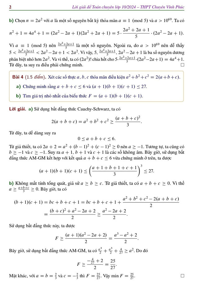 Đáp án đề thi vào 10 môn Toán Chuyên Vĩnh Phúc năm 2024