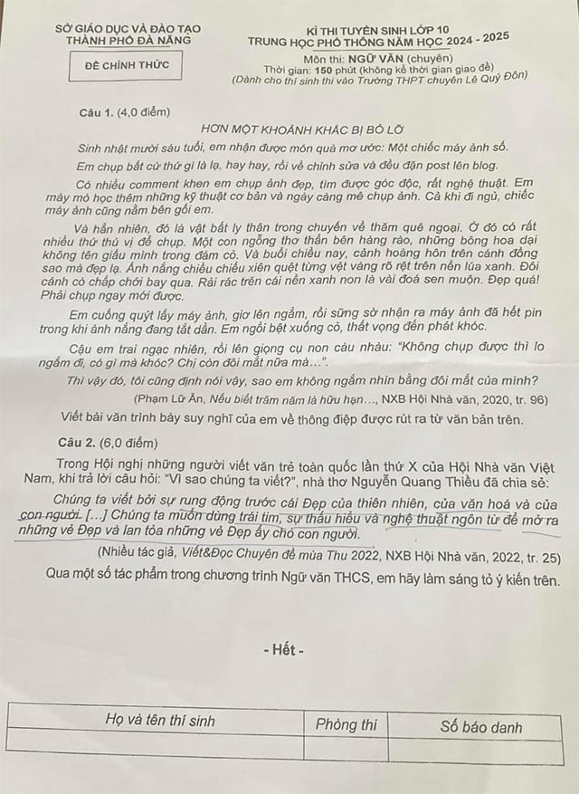 Đề thi vào 10 môn Văn Chuyên Lê Quý Đôn, Đà Nẵng
