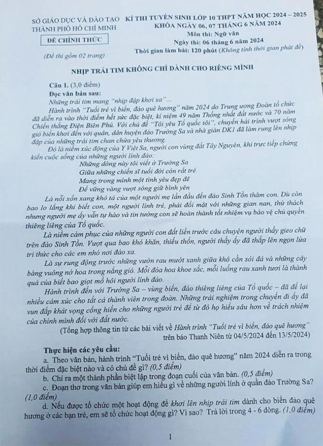 Đề thi vào 10 Văn Hồ Chí Minh 2024