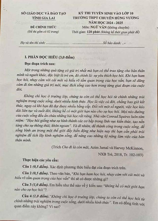 Đề thi vào lớp 10 môn Văn Chuyên Hùng Vương 2024