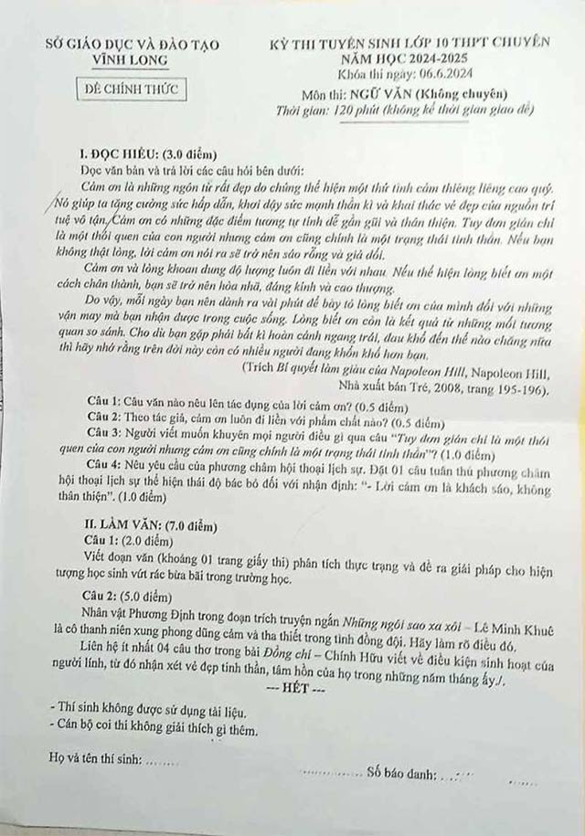 Đề thi vào lớp 10 môn Văn Chuyên Vĩnh Long năm 2024 - 2025