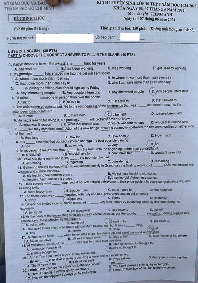 Đề thi vào 10 chuyên Tiếng Anh Hồ Chí Minh 2024