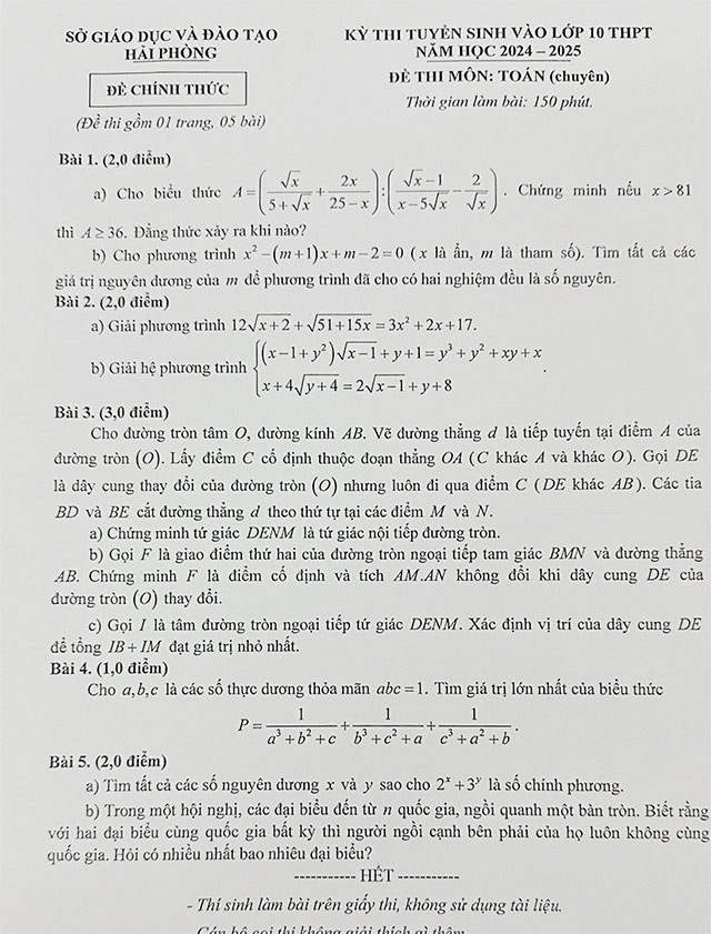 Đề thi vào 10 chuyên văn Hải Phòng 2024