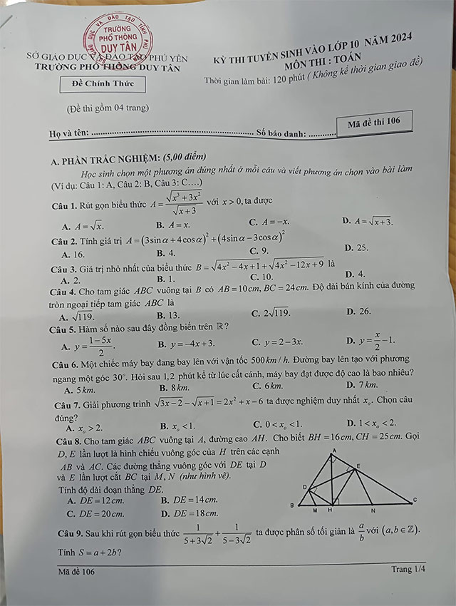 Đề thi vào lớp 10 môn Toán trường THPT Duy Tân