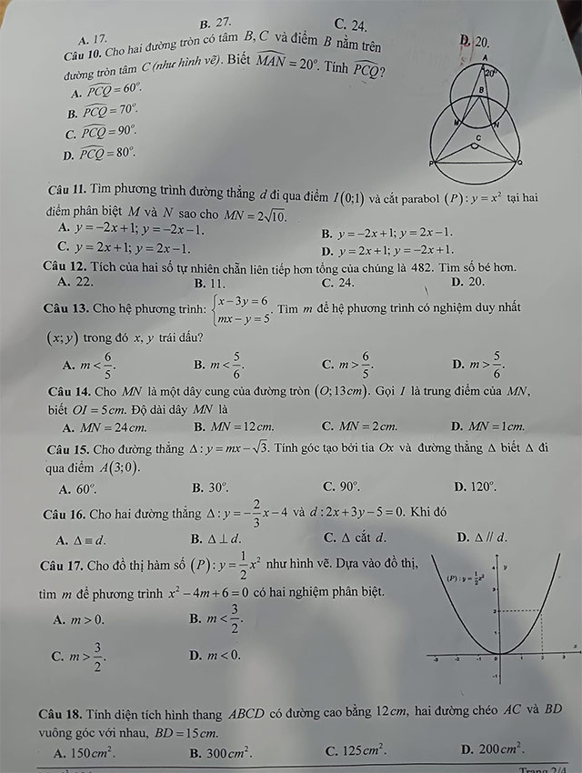Đề thi vào lớp 10 môn Toán trường THPT Duy Tân