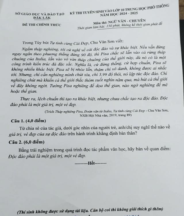 Đề thi vào lớp 10 môn Văn chuyên Đắk Lắk