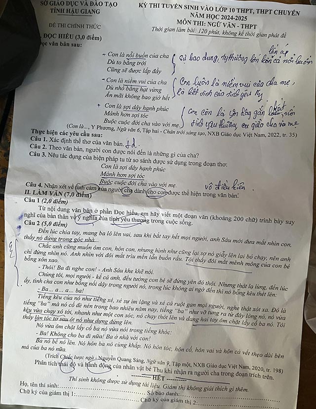 Đề thi vào lớp 10 môn Văn chuyên Hậu Giang năm 2024