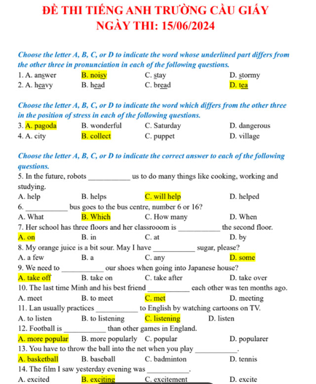 Đáp án đề thi vào lớp 6 Tiếng Anh THCS Cầu Giấy 2024