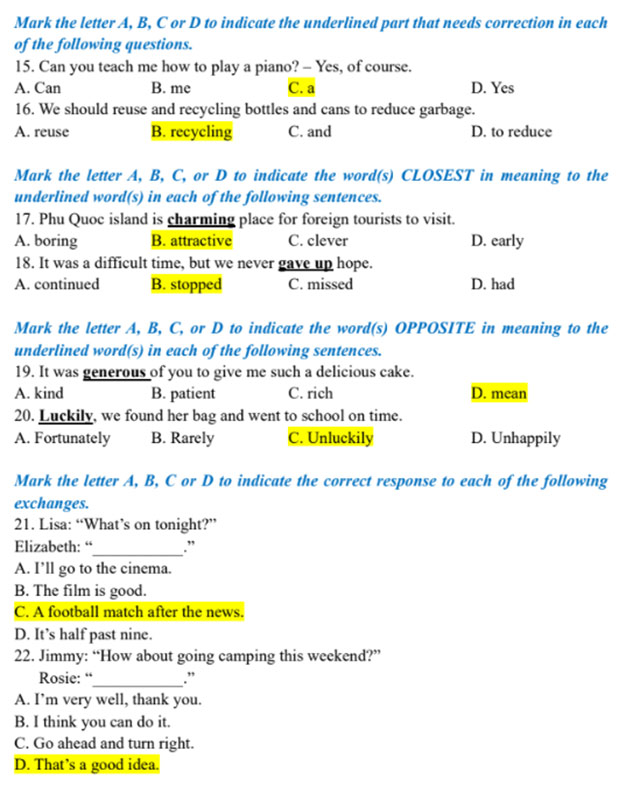 Đáp án đề thi vào lớp 6 Tiếng Anh THCS Cầu Giấy 2024
