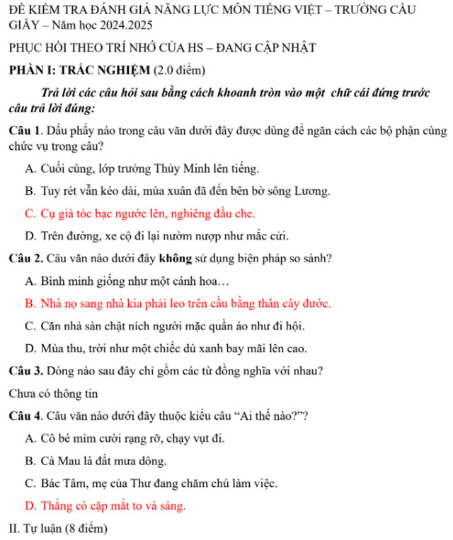 Đáp án đề thi vào lớp 6 Tiếng Việt THCS Cầu Giấy 2024