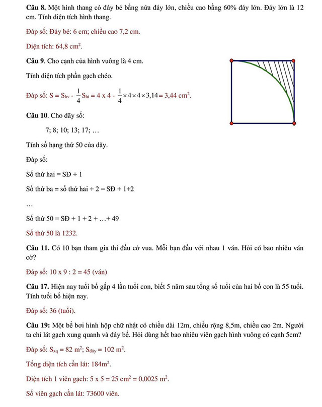 Đáp án đề thi vào lớp 6 môn Toán trường THCS Lê Lợi 