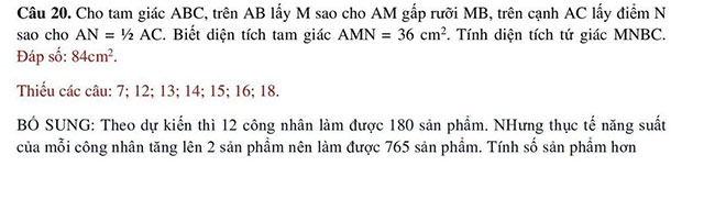 Đáp án đề thi vào lớp 6 môn Toán trường THCS Lê Lợi 