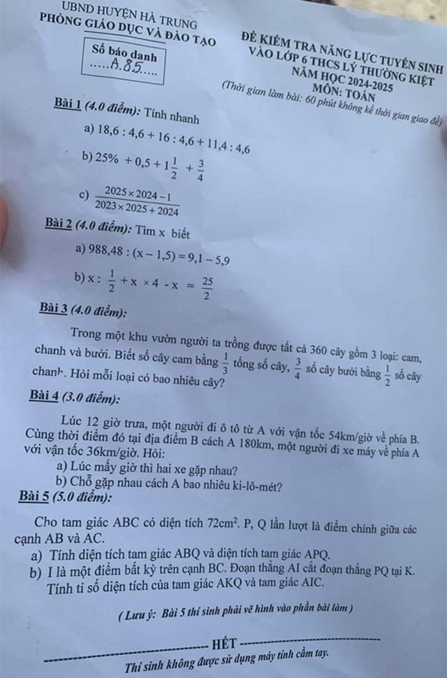 Đề thi vào lớp 6 môn Toán THCS Lý Thường Kiệt 2024