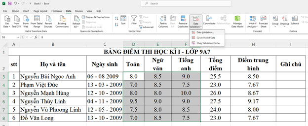 Xác thực dữ liệu nhập vào bảng tính