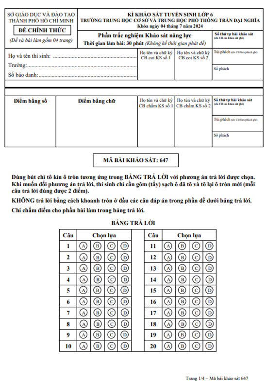 Đề thi vào lớp 6 môn Tiếng Anh Chuyên Trần Đại Nghĩa