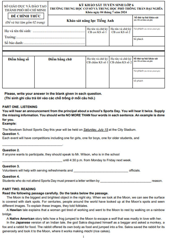 Đề thi vào lớp 6 môn Tiếng Anh Chuyên Trần Đại Nghĩa