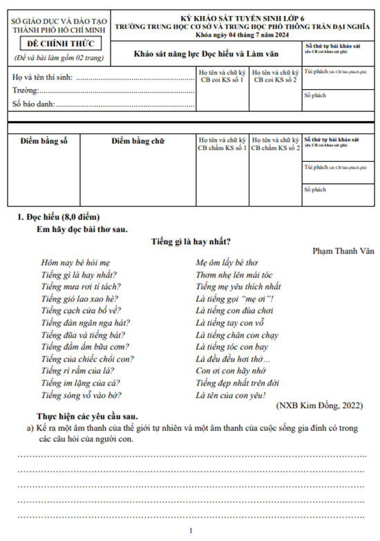 Đề thi vào lớp 6 môn Văn Chuyên Trần Đại Nghĩa