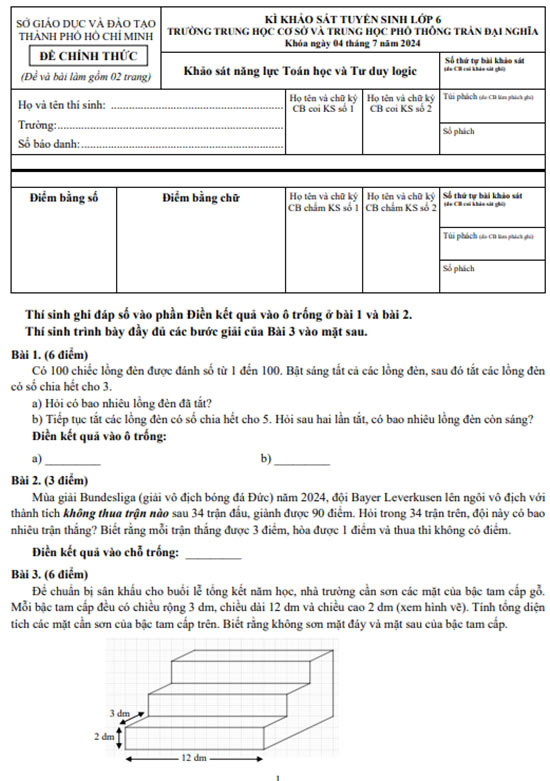 Đề thi vào lớp 6 môn Toán Chuyên Trần Đại Nghĩa