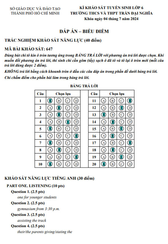 Đáp án đề thi vào lớp 6 trường Chuyên Trần Đại Nghĩa