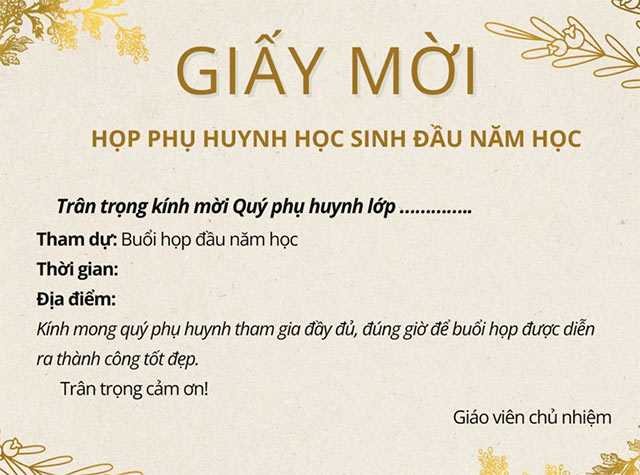 Thư mời họp phụ huynh đầu năm