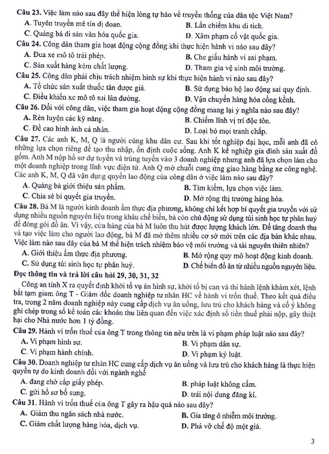 Đề minh họa thi vào 10 môn Giáo dục công dân Hà Nội năm 2025