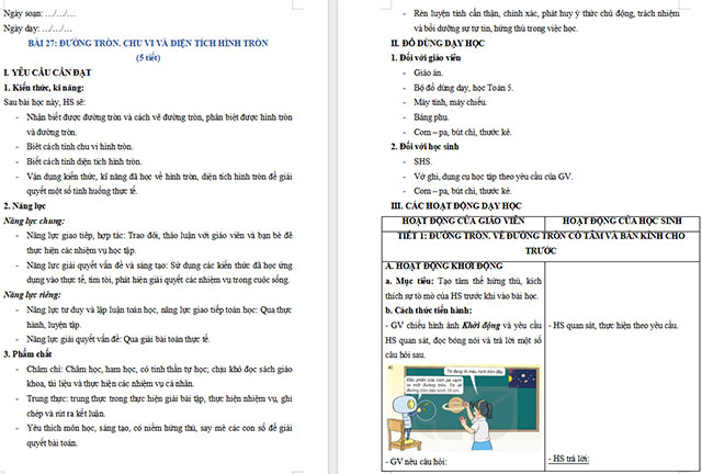 Giáo án Toán 5 Đường tròn, chu vi và diện tích hình tròn