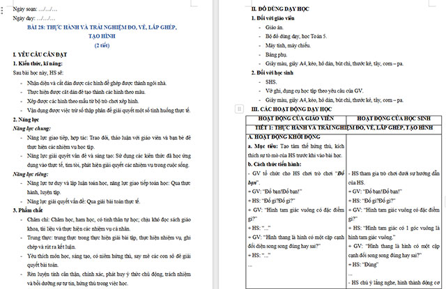 Giáo án Toán 5 Thực hành và trải nghiệm đo, vẽ, lắp ghép, tạo hình