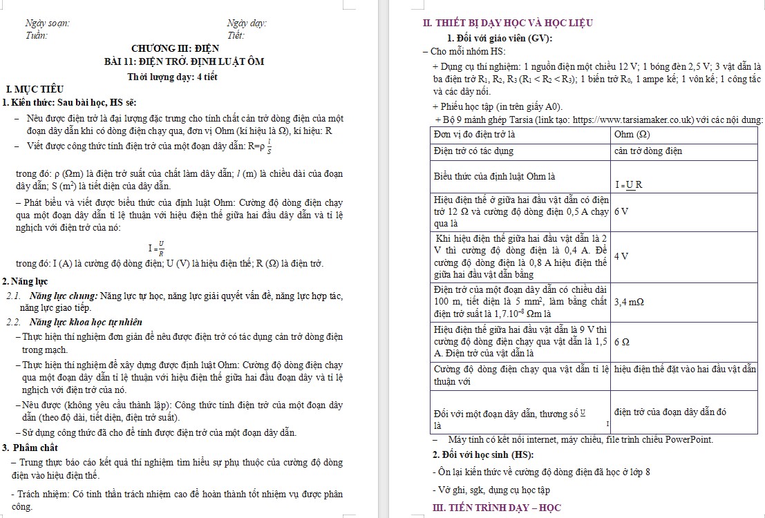 Giáo án KHTN 9 Bài 11 file word