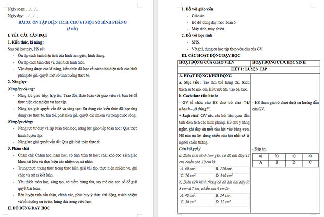 Giáo án Toán 5 Ôn tập diện tích, chu vi một số hình phẳng