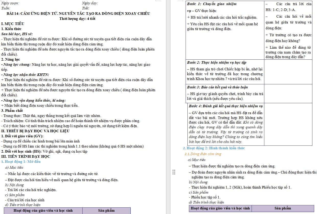 Giáo án KHTN 9 Bài 14 file word