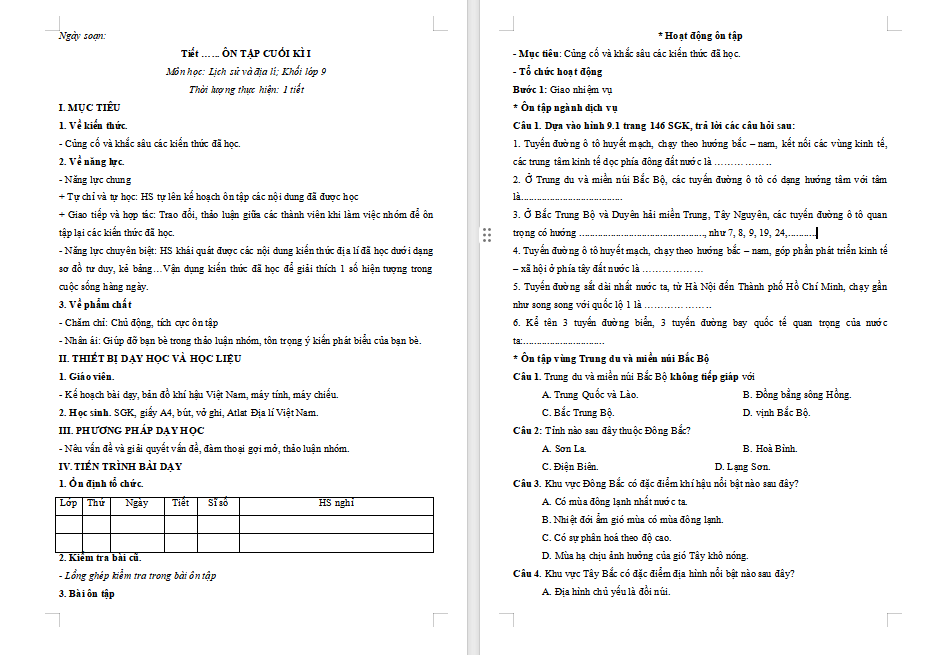 Địa lí 9 Ôn tập cuối học kì 1