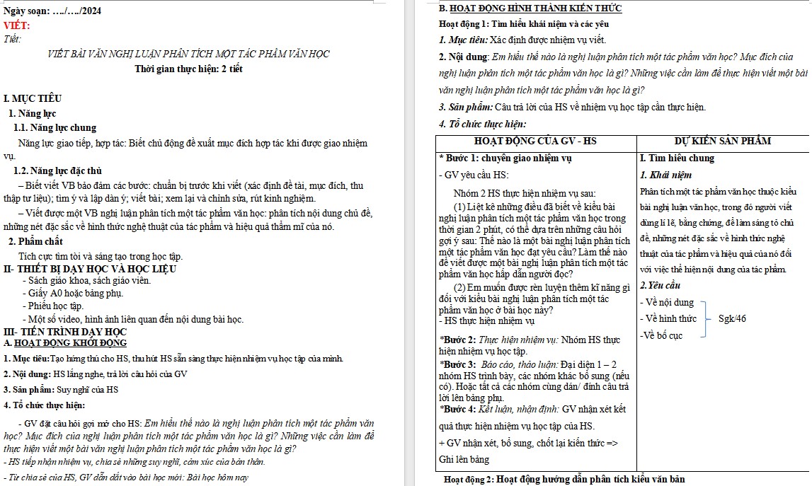 Giáo án Văn 9 CTST Bài Viết bài văn nghị luận phân tích một tác phẩm văn học