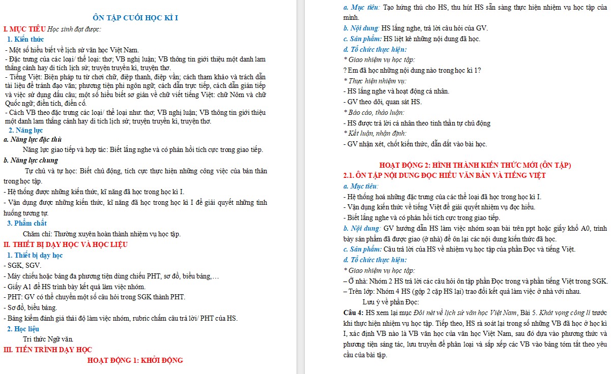 KHBD Bài Ôn tập học kì 1 Văn 9 CTST